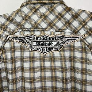 Harley Davidson Logo Womens Plaid Pearl Snap Short Sleeve Shirt Size Medium